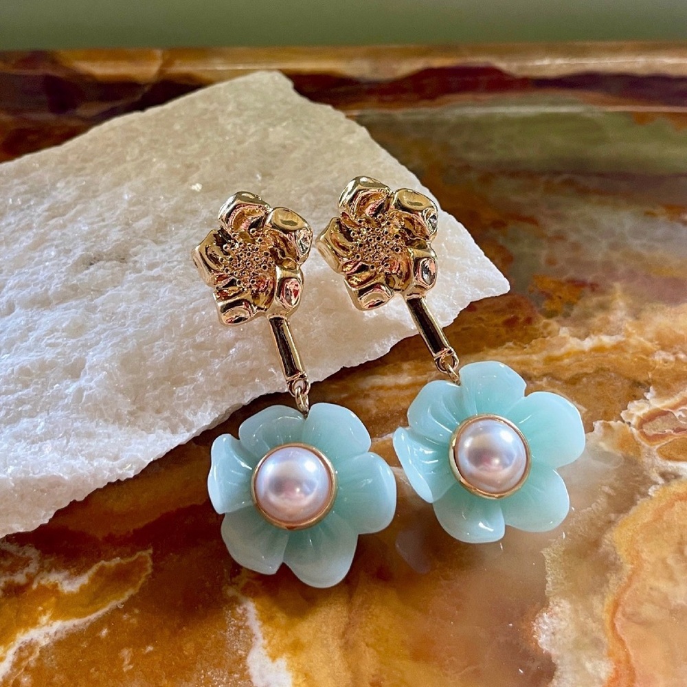 Gold and Blue Floral Pearl Drop Earrings